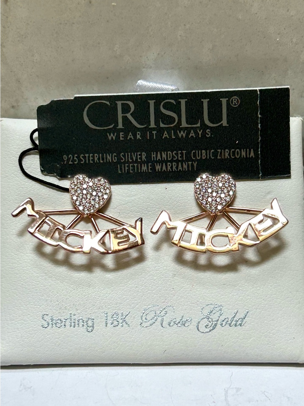 Crislu 925 Sterling Silver 18K Rose Gold Heart 'Mickey' Cubic Zirconia Earrings